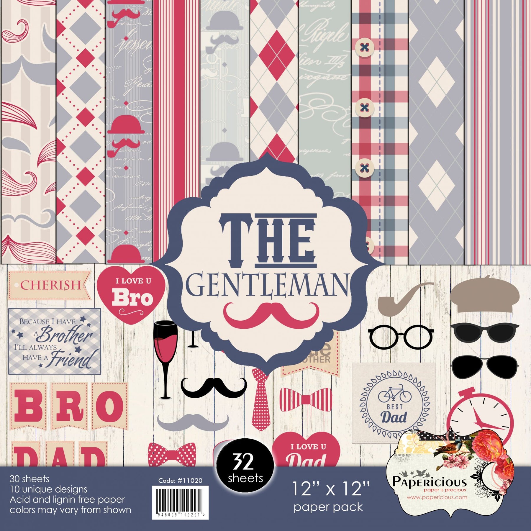 PAPERICIOUS - The Gentleman -  Designer Pattern Printed Scrapbook Papers  / 32 sheets