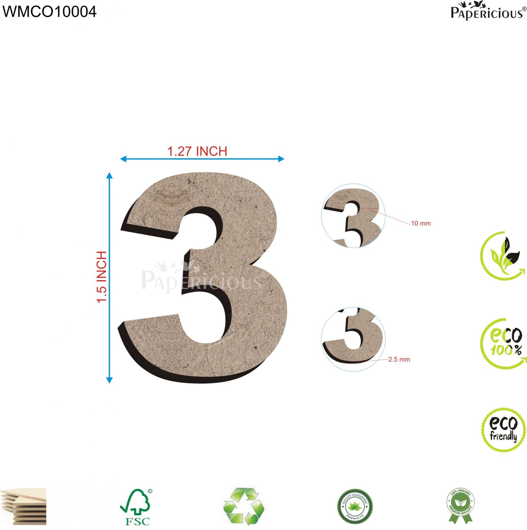 PAPERICIOUS 1.5 inch MDF Numeral - 3