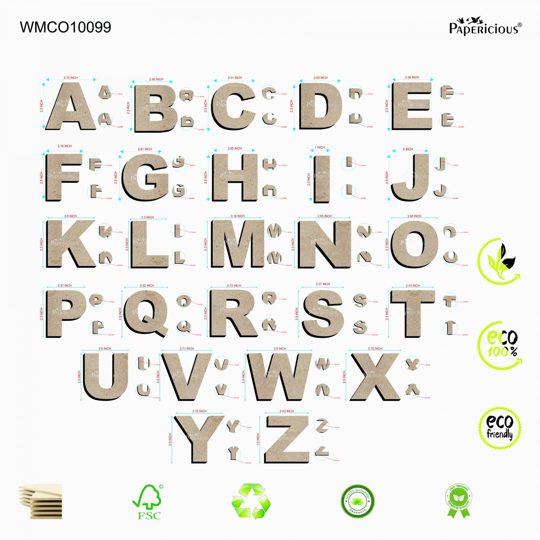 PAPERICIOUS 2.5 inch MDF Capital Letter Alphabet - A to Z - Set of 2