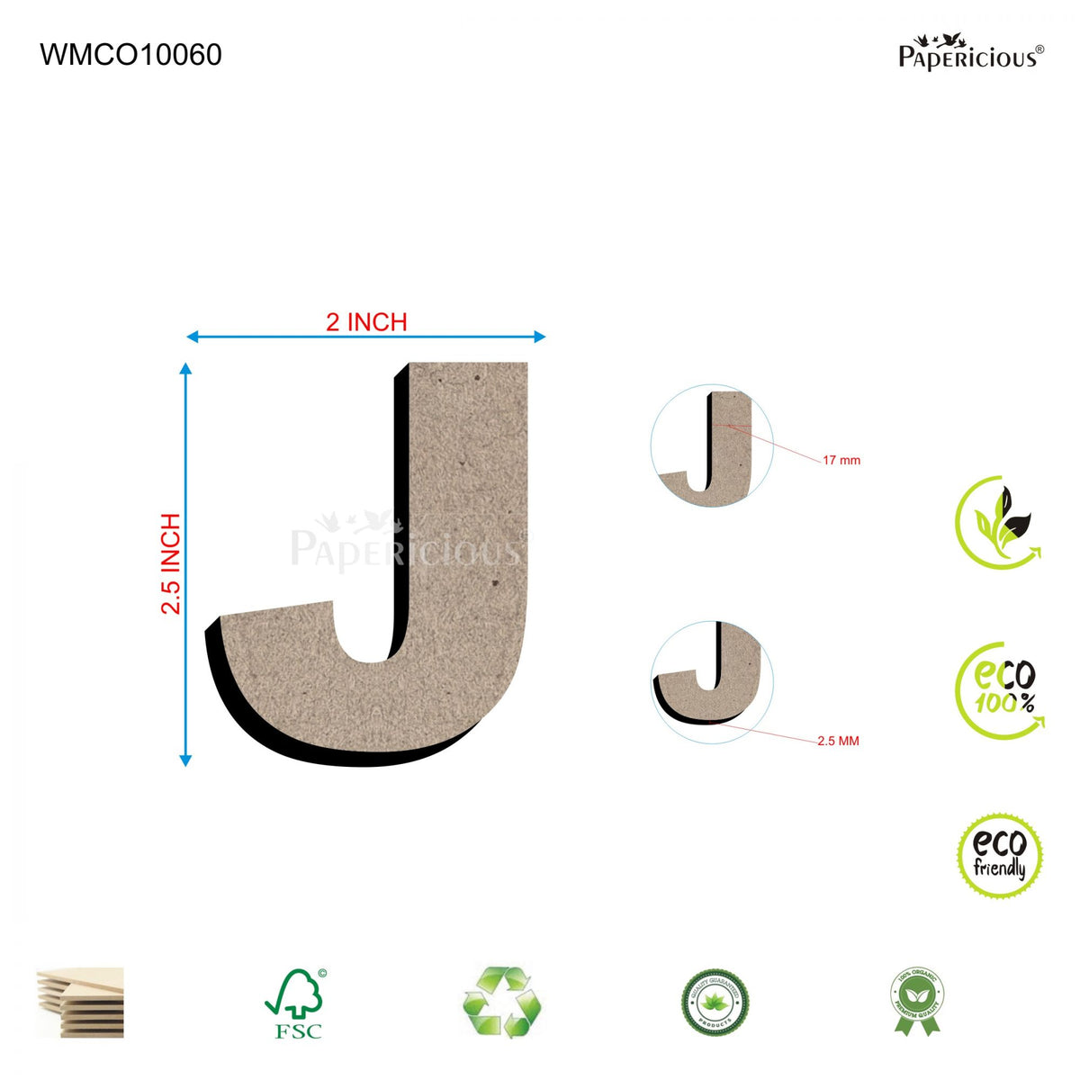 PAPERICIOUS 2.5 inch MDF Capital Letter Alphabet - J