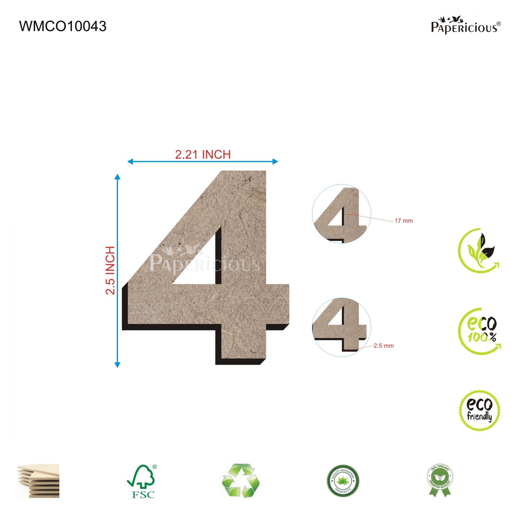 PAPERICIOUS 2.5 inch MDF Numeral - 4