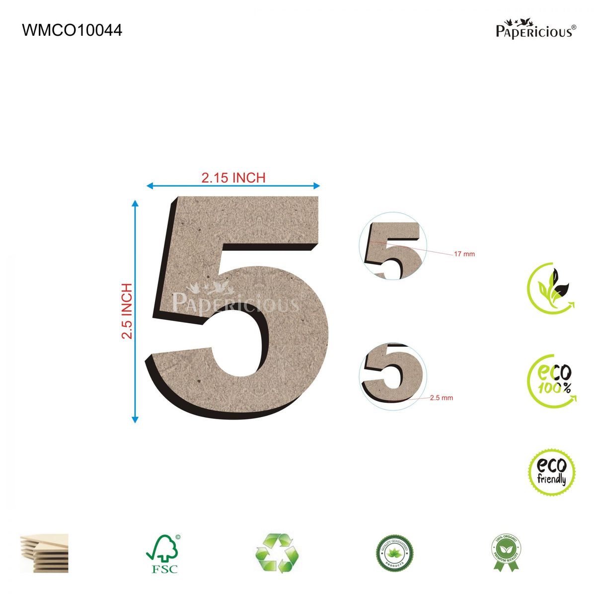PAPERICIOUS 2.5 inch MDF Numeral - 5