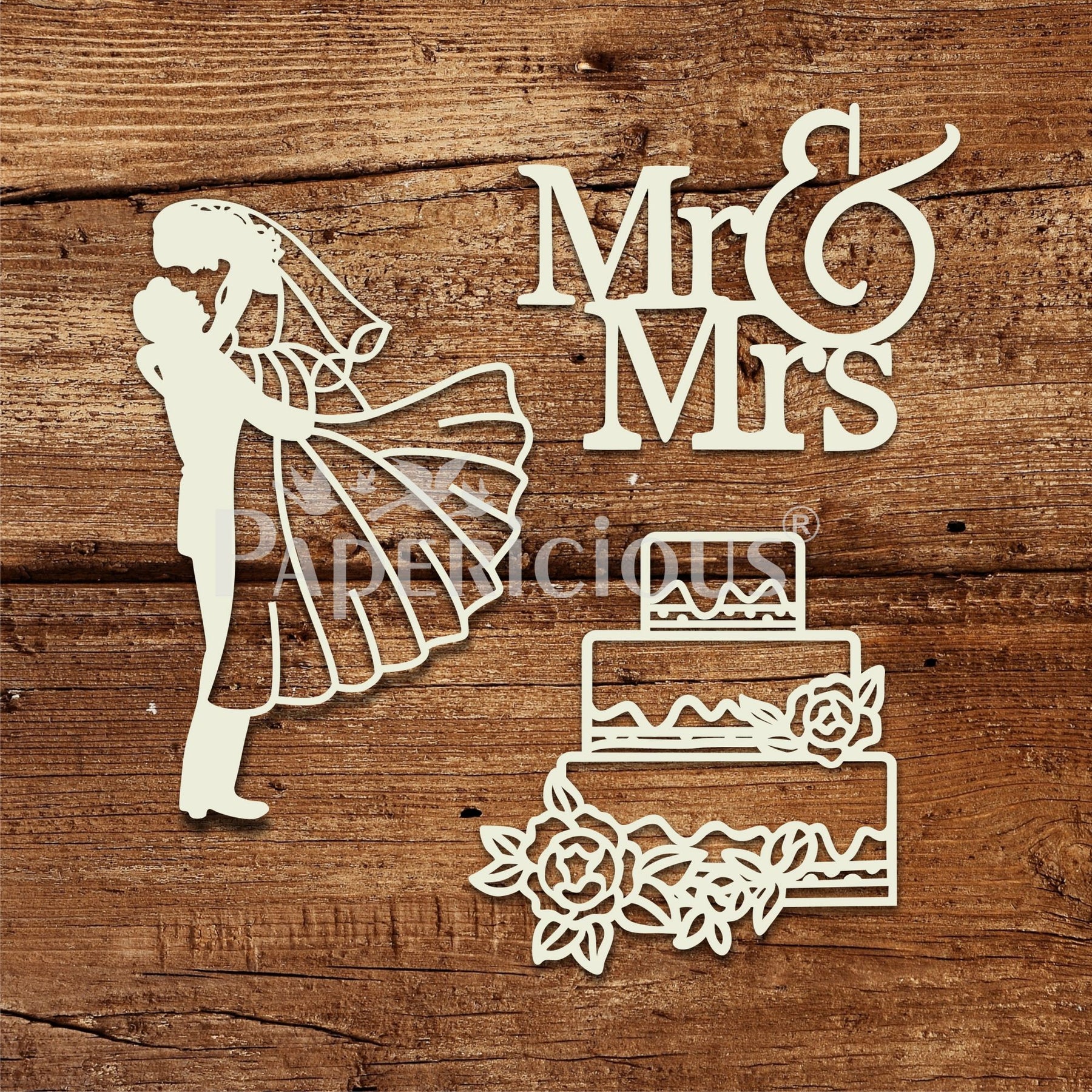 Wedding Cake/Couple/Mr and Mrs - 6x6 Inch Laser Cut Collage Chipboard