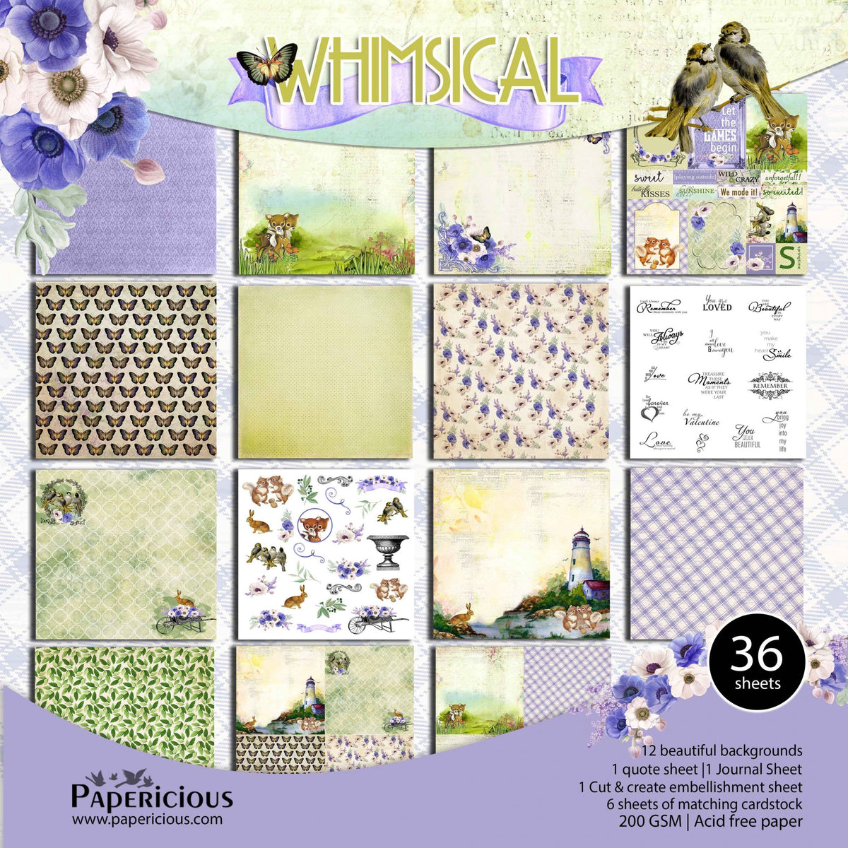 PAPERICIOUS - WHIMSICAL -  Designer Pattern Printed Scrapbook Papers 12x12 inch / 36 sheets